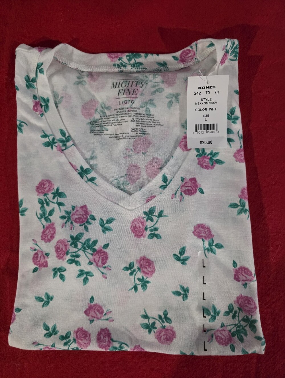 Mighty Fine White V-Neck Tank with Pink Rose Print